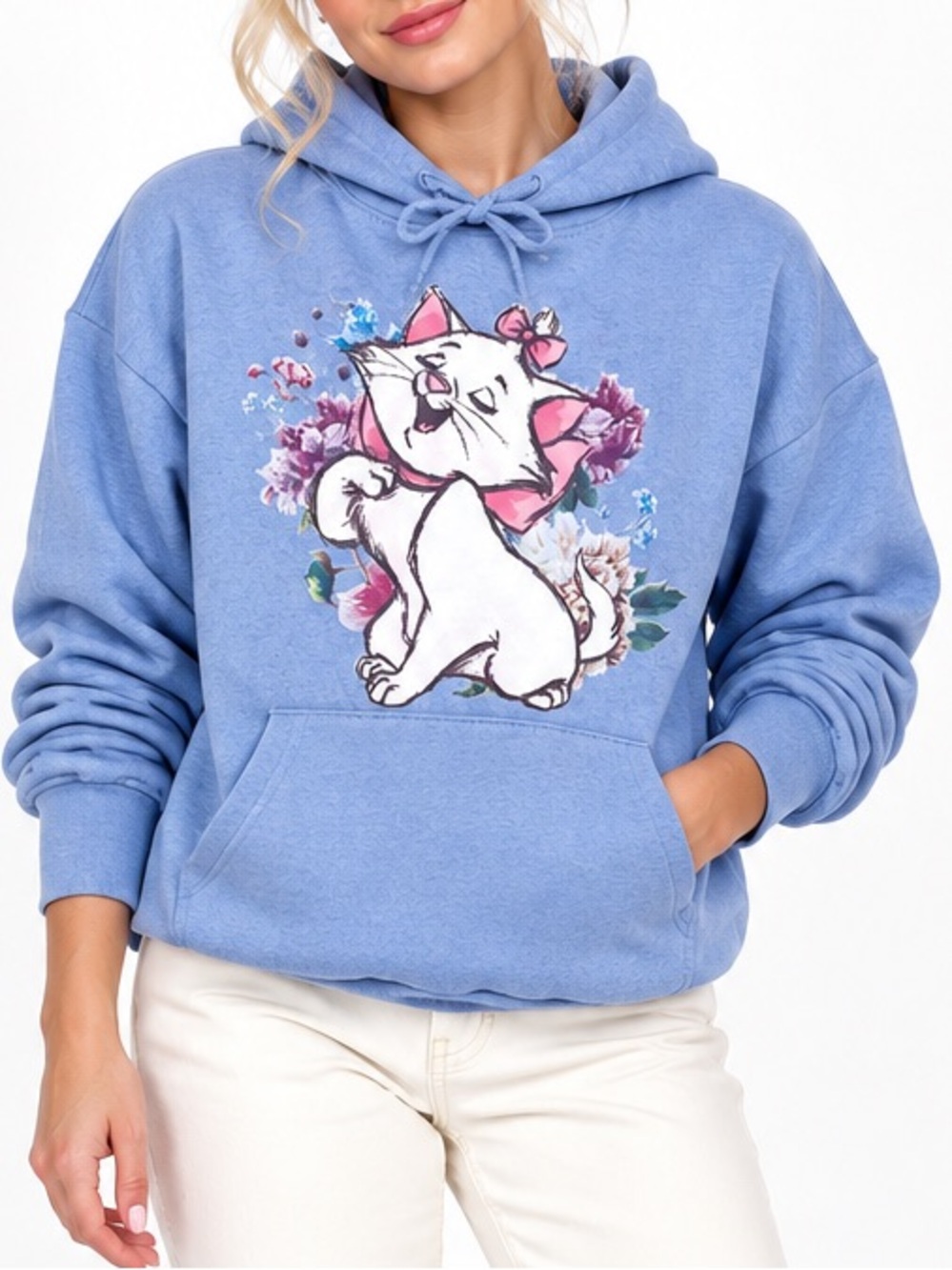 Disney Marie Aristocats Cat Hoodie Blue Floral Graphic Coquette Pullover Size M